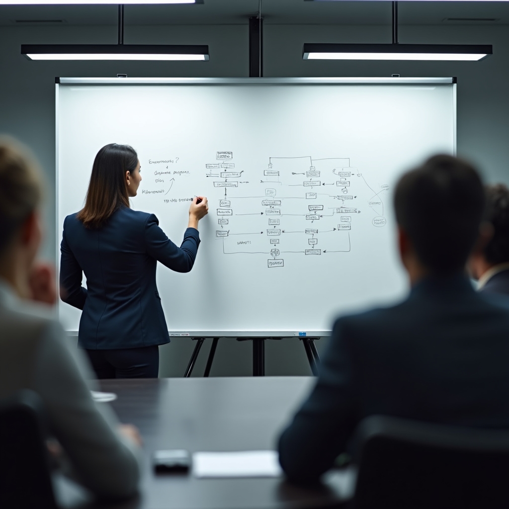 Projektleiterin zeichnet live eine Prozessübersicht auf einem Whiteboard während eines Team-Meetings