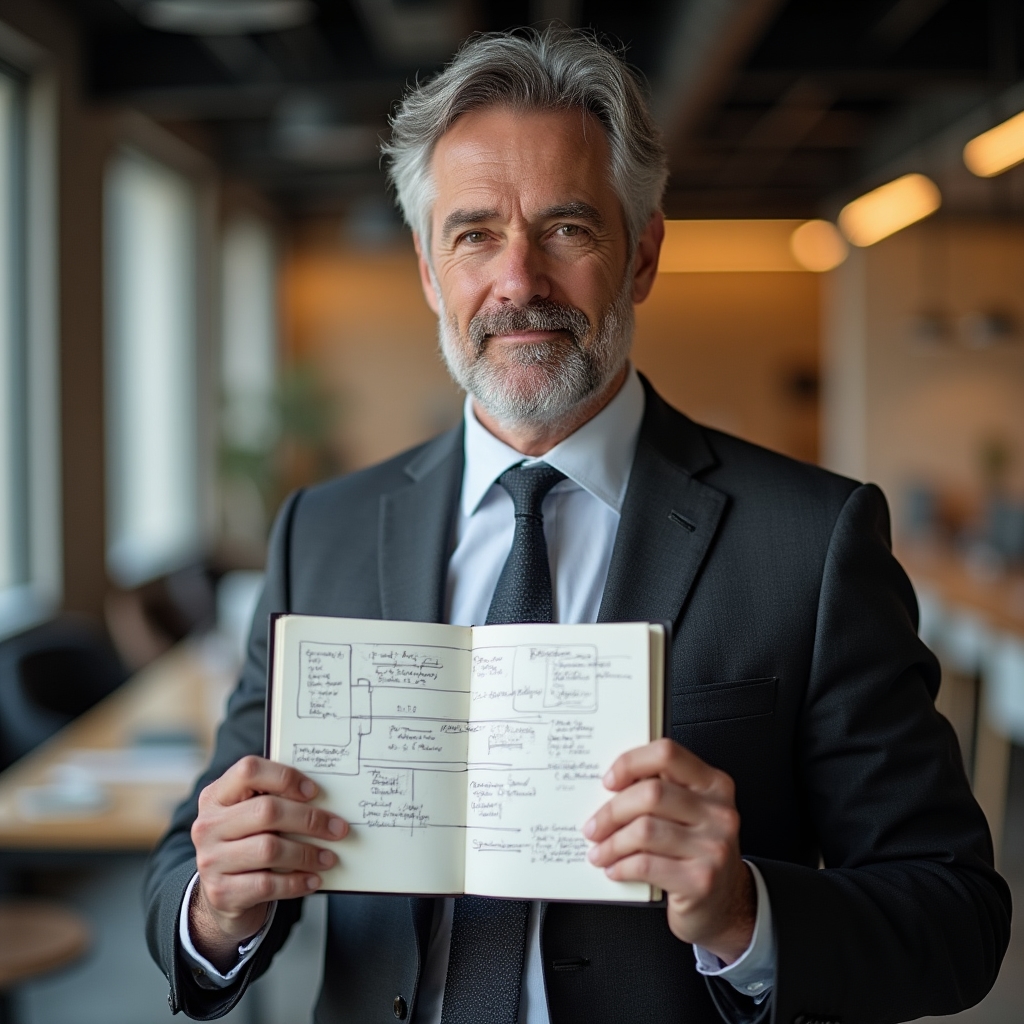 Erfahrener Projektmanager mit Skizzenheft in der Hand, nachdenklicher Blick, modernes Büro im Hintergrund