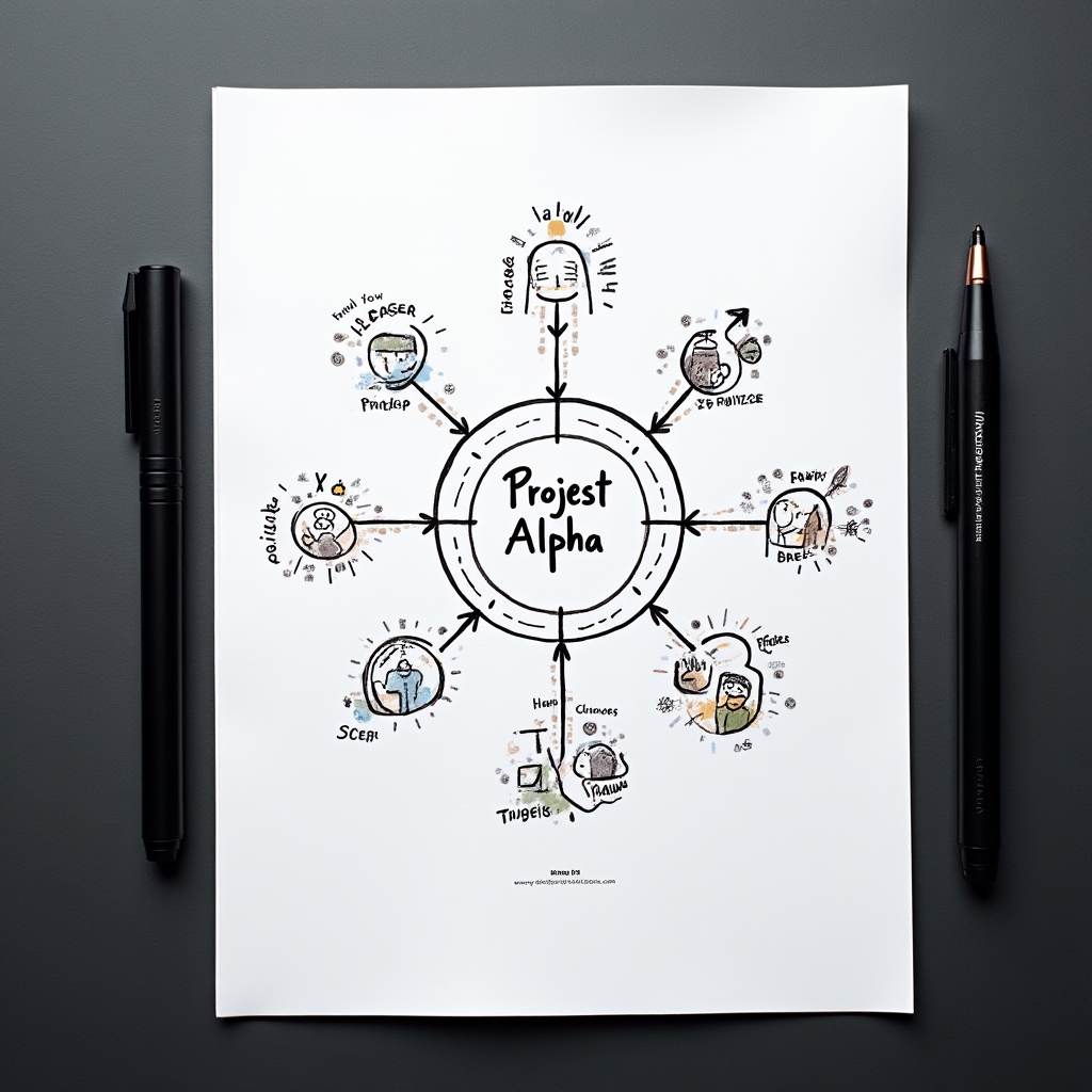 Fertige Sketchnote-Projektübersicht mit Symbolen, Pfeilen und handgeschriebenen Texten auf weißem Papier