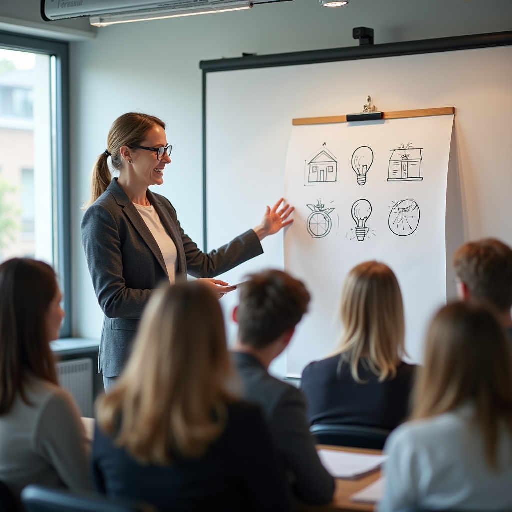 Seminar-Trainerin erklärt visuelles Vokabular an einem großen Flipchart vor der Gruppe